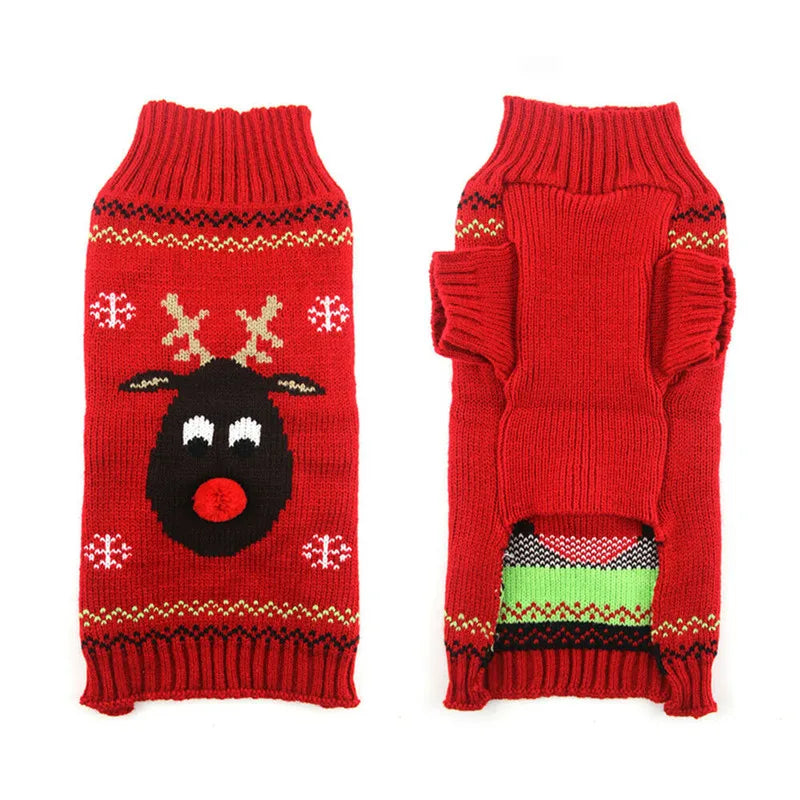 Red knitted dog sweater with reindeer design on a white background