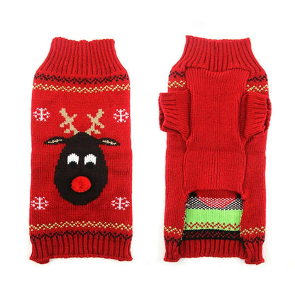 Red knitted dog sweater with reindeer design on a white background